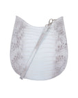 White crocodile material handbag with gray pattern on a white background