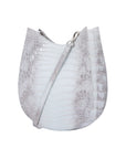 White crocodile material handbag with gray pattern on a white background
