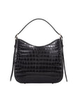 Black crocodile-patterned handbag on a white background