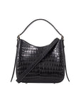 Black crocodile-patterned handbag on a white background