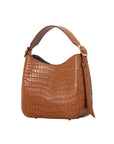 Cognac crocodile-patterned handbag on a white background