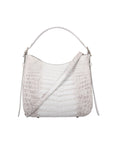 White crocodile-textured handbag on a white background