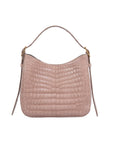 Walnut crocodile-textured handbag on a white background