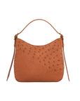 Cognac ostrich-textured handbag on a white background