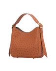 Cognac ostrich-textured handbag on a white background