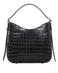 Front of a black crocodile textured handbag on a white background