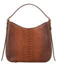 Front of a brown caramel python textured handbag on a white background