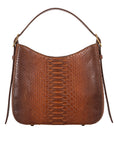 Front of a brown caramel python textured handbag on a white background