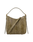 Forest green textured handbag with a strap on a white background
