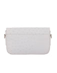 Back of a white ostrich textured clutch bag on a white background