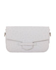 Front of a white ostrich textured clutch bag on a white background
