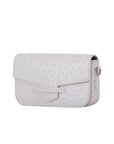 Side of a white ostrich textured clutch bag on a white background