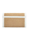 Back of a woven clutch bag with white trim on a white background