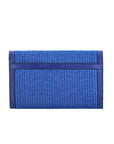Back of blue woven wallet on a white background