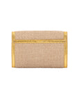 Back of a beige woven handbag with a gold trim on a white background