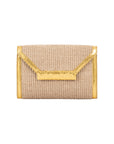 Front of a beige woven handbag with a gold trim on a white background