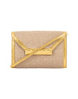 Front of a beige woven handbag with a gold trim on a white background