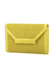 Side of yellow woven pouch on a white background