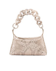 The front of a gold shimmer python textured handbag on a white background