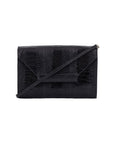 Black textured handbag with strap on a white background