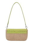 Back of a chartreuse and beige ostrich and woven handbag with a strap on a white background