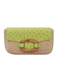 Green and beige ostrich and woven clutch bag with a buckle on a white background