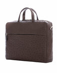 Large dark brown ostrich laptop bag with handles on a white background