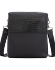 Black crocodile textured messenger bag on a white background