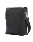 Black crocodile textured messenger bag on a white background