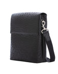 Black ostrich textured messenger bag on a white background