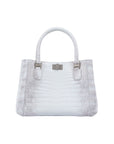 White handbag with silver hardware on a white background