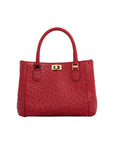 Red handbag with gold accents on a white background