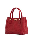 Red handbag with gold accents on a white background