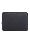 Black ostrich textured zippered laptop case on a white background