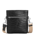 Black crocodile crossbody bag on a white background