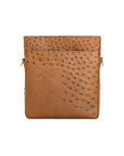 Antique brown ostrich leather crossbody bag with zipper and strap on a white background