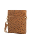 Antique brown ostrich leather crossbody bag with zipper and strap on a white background