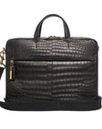 Large black crocodile laptop bag with strap on a white background