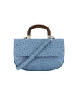 Back of a blue ostrich handbag with a strap and wooden handle on a white background