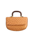 Front of a brown ostrich-patterned handbag with wooden handle on a white background