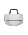 Front of a white crocodile handbag with a wooden handle on a white background