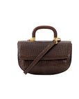 Front of a brown crocodile handbag with a strap and wooden handle on a white background
