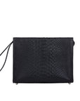 Front of a black python textured handbag on a white background