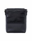 Black crocodile textured messenger bag on a white background