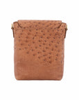 Cognac ostrich messenger bag on a white background