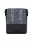 Black messenger bag with dark grey ostrich material on a white background