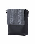 Black messenger bag with dark grey ostrich material on a white background
