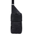 Front of a black python textured chest bag on a white background