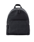 Front of a black python textured backpack on a white background