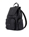 Side of a black python textured backpack on a white background